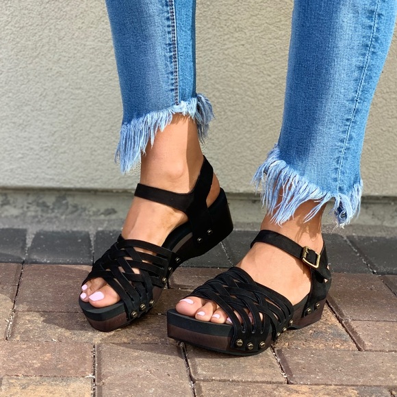 Free People Shoes - Black Woven Leather Wooden Wedge Platform Clog